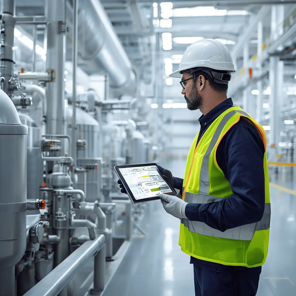 Expert en inspection industrielle utilisant une tablette pour surveiller l’intégrité des installations AIM