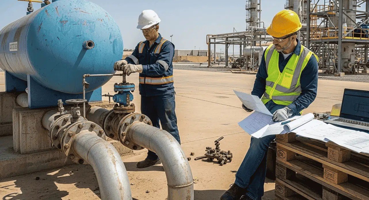 Inspection d’un réservoir GPL aérien avec deux techniciens industriels sur site, illustrant les contrôles requis après la mise à jour du CTP.